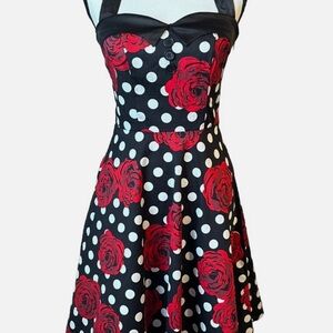 Elegant Black and Red Floral Polka Dot Dress